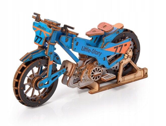 Drevené 3D puzzle - Modrý Plochodrážny motocykel Little Story E019B