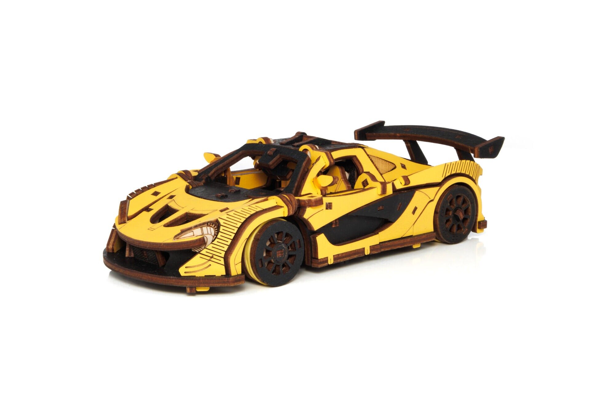 Drevené mechanické 3D puzzle - Žlté pretekárske auto Eco Wood Art
